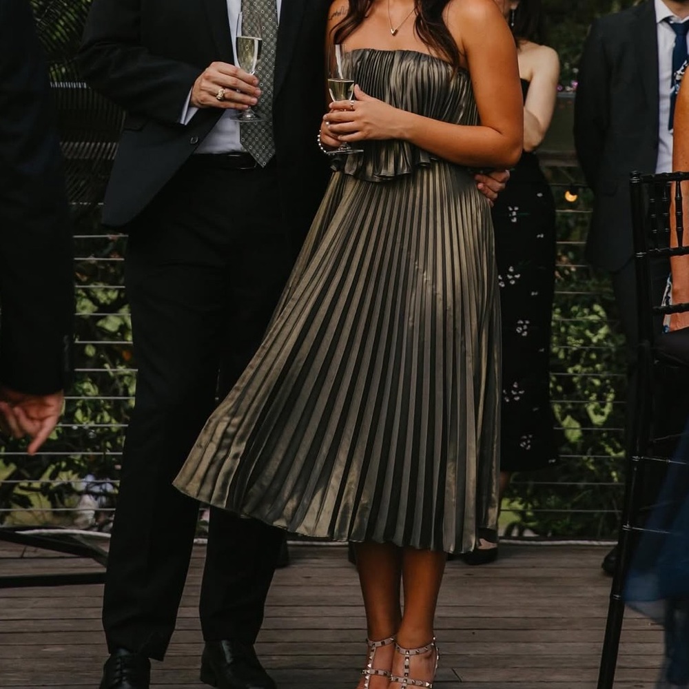 Anthropologie Green Strapless Maxi Dress Pleated A-Line